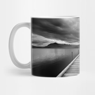 Wooden Pier Across A Calm Lake in Grayscale Mug